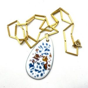 Vintage Germany Enameled Teardrop Pendant On Rolled Gold Chain